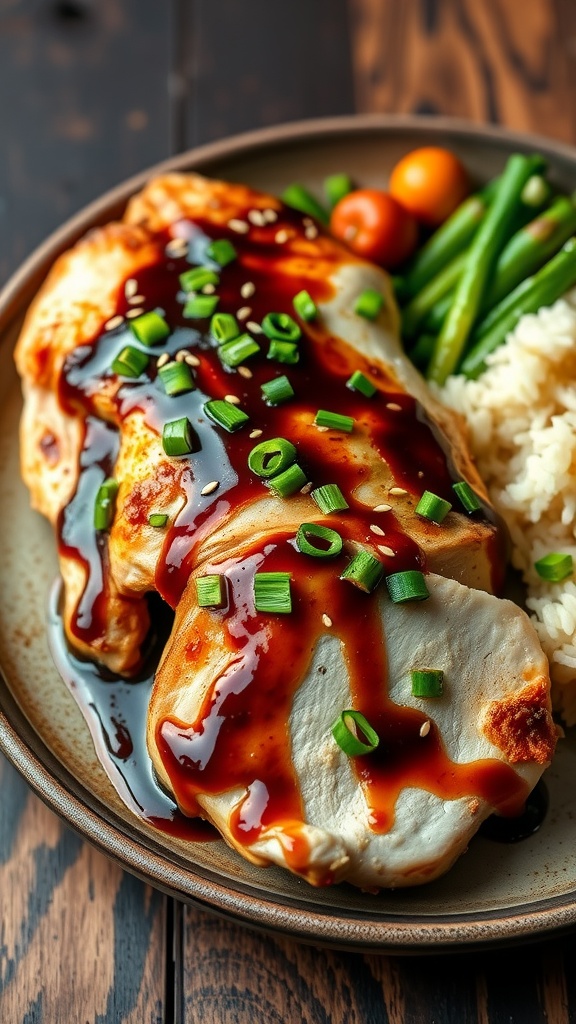 Savory Turkey with Soy Sauce Marinade Glazed turkey breast with soy sauce marinade on a plate with vegetables and rice.